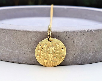 angel medallion necklace, 14k gold plated dainty necklace, protection everyday wear necklace, angel pendant, disc gold choker, medallion