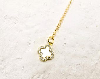 Mother of Pearl Clover Necklace, Gold Filled Chain, diamond zircon four leaf flower clover