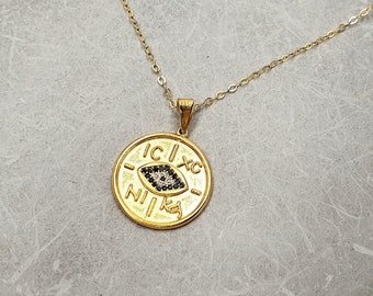 ICXC Nika gold necklace, disc pendant, coin necklace, evil eye necklace, Greek religious pendant, baby shower gift, gold disc pendant, IC XC