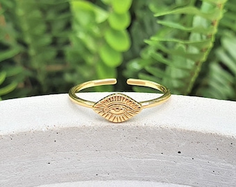 Vermeil Gold Evil Eye Ring, Sterling Silver 925, Adjustable