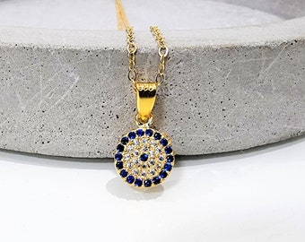 evil eye necklace, round eye choker, gold necklace, vermeil Greek jewellery, tiny necklace, tiny charm, CZ evil eye, blue diamond evil eye