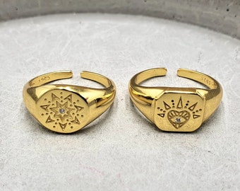 Gold signet ring, 18k gold plated silver 925, evil eye ring, CZ signet,minimalist ring, gold evil eye, protection ring, eye signet ring, sun