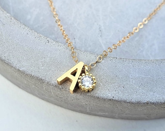 CZ Initial Necklace, 14K Gold Filled Solitaire Letter Choker