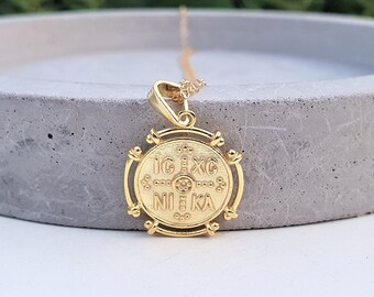 Constantine gold necklace, IC XC NIKA pendant, St Helen necklace, Greek necklace, disc necklace, medallion necklace, christening, Sovereign