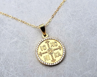 ic xc nika gold necklace, disc pendant, coin necklace, christening gift, gold medallion necklace, baby shower gift, pave ICXC CZ