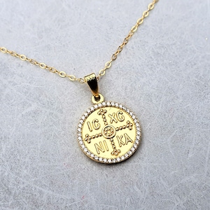 ic xc nika gold necklace, disc pendant, coin necklace, christening gift, gold medallion necklace, baby shower gift, pave ICXC CZ