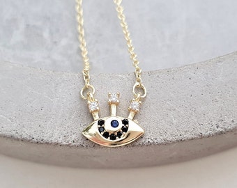 evil eye gold necklace, 14k gold plated sterling silver 925, CZ evil eye necklace, eyelashes pendant choker, diamond evil eye, gold evil eye