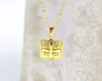 Constantine gold necklace, vermeil gold IC XC NIKA square pendant, St Helen necklace, gold cross necklace, cross necklace