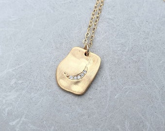 moon crescent necklace, s925 necklace, 14K gold filled, CZ moon pendant, rectangular moon charm, half moon necklace, gold moon necklace