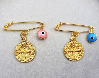 evil eye safety pin, 14K gold plated pin, gold baby safety pin, Christening gift, baby protection charm, baby shower gift, newborn gift
