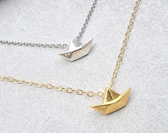 Origami boat gold necklace, minimal paper boat charm, silver 925, 14k gold filled chain, Nautical necklace, Greek necklace, sail choker