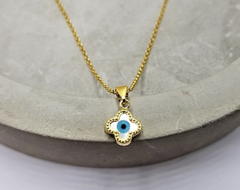 evil eye necklace, clover eye necklace, mother of pearl evil eye, van cleef style, gold necklace, baptism jewellery, baby shower gift