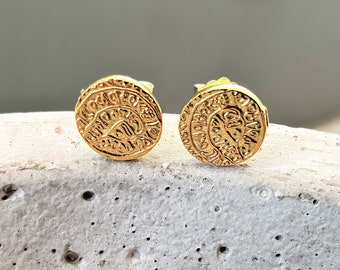 Phaistos earrings, spiral gold disc, ancient coin earrings, festos disc studs, round studs,Greek jewellery, medallion earrings, spiral studs