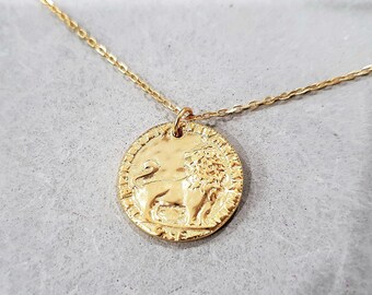 Vermeil Gold Lion Disc Necklace, Ancient Egyptian Medallion