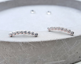 climber stud earrings, silver 925 long studs, minimal long earrings, cubic zirconia studs, simple elegant earrings, ear crawlers, climber