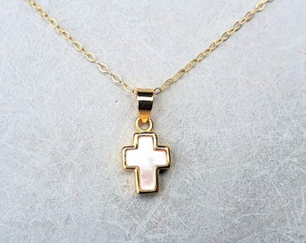 pearl cross necklace, 14k gold filled chain, vermeil gold cross, Christening gift, shower gift, cross choker, dainty necklace, gold cross