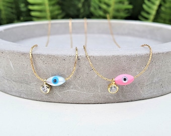 mother of pearl evil eye necklace, oval eye necklace, minimal choker, 14K gold filled, pink evil eye ,baby shower gift, CZ evil eye, MOP