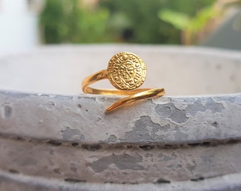 Gold Phaistos Disc Ring, Ancient Greek Jewelry, Adjustable Ring