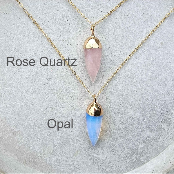 semi precious bullet shape necklace, opal stone pendant, rose quartz bullet pendant, 14k gold filled chain, natural stone necklace, crystal