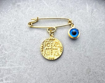 14K Gold Plated Baby Safety Pin, Evil Eye Charm, Christening Gift, newborn protection pin