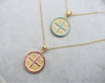 ICXC Nika gold disc pendant, coin necklace, Christening gift, turquoise cross necklace, baby shower ,CZ cross necklace, zirconia ic xc