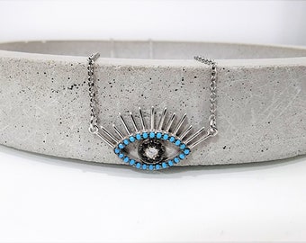 sterling silver evil eye necklace, turquoise evil eye, protection necklace, eye with eyelashes, dainty necklace, silver 925 necklace