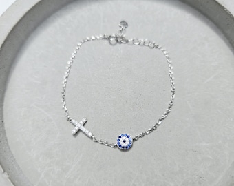 Sterling Silver 925 Evil Eye Bracelet, CZ Cross, Vermeil Gold, zirconia eye bracelet