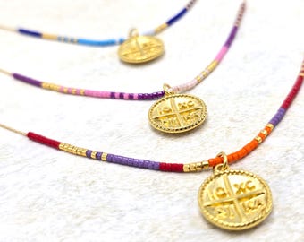 Miyuki beaded charm necklace, 14k gold filled chain, ICXC NIKA pendant, seed bead choker