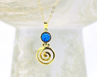 Blue Opal Spiral Necklace, Gold Plated Sterling Silver, Greek Jewelry