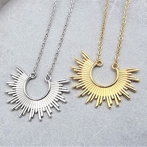sunburst necklace, silver 925, sunrise gold necklace, sun rays necklace, delicate sun necklace, crescent sun, fringe necklace, boho sun