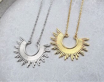sunburst necklace, silver 925, sunrise gold necklace, sun rays necklace, delicate sun necklace, crescent sun, fringe necklace, boho sun