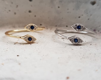 evil eye ring, greek eye ring, adjustable eye ring, CZ eye ring, sterling silver ring, pave evil eye, gold ring, double eye ring, snake ring