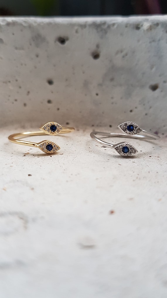 evil eye ring, greek eye ring, adjustable eye ring, CZ eye ring, sterling silver ring, pave evil eye, gold ring, double eye ring, snake ring