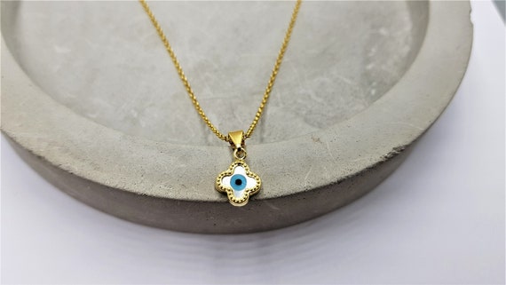 evil eye necklace, clover eye necklace, mother of pearl evil eye, van cleef style, gold necklace, baptism jewellery, baby shower gift