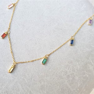 7 chakras gold choker, seven necklace, CZ baguette crystal necklace, colorful crystal necklace, silver 925, energy necklace, crystal drop