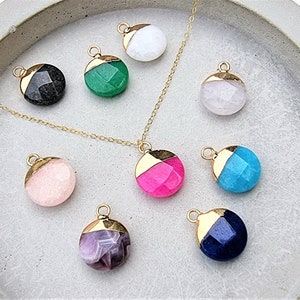 semi precious pendant necklace, stone coin necklace, 14k gold filled chain, round faceted natural stone necklace, medallion stone choker