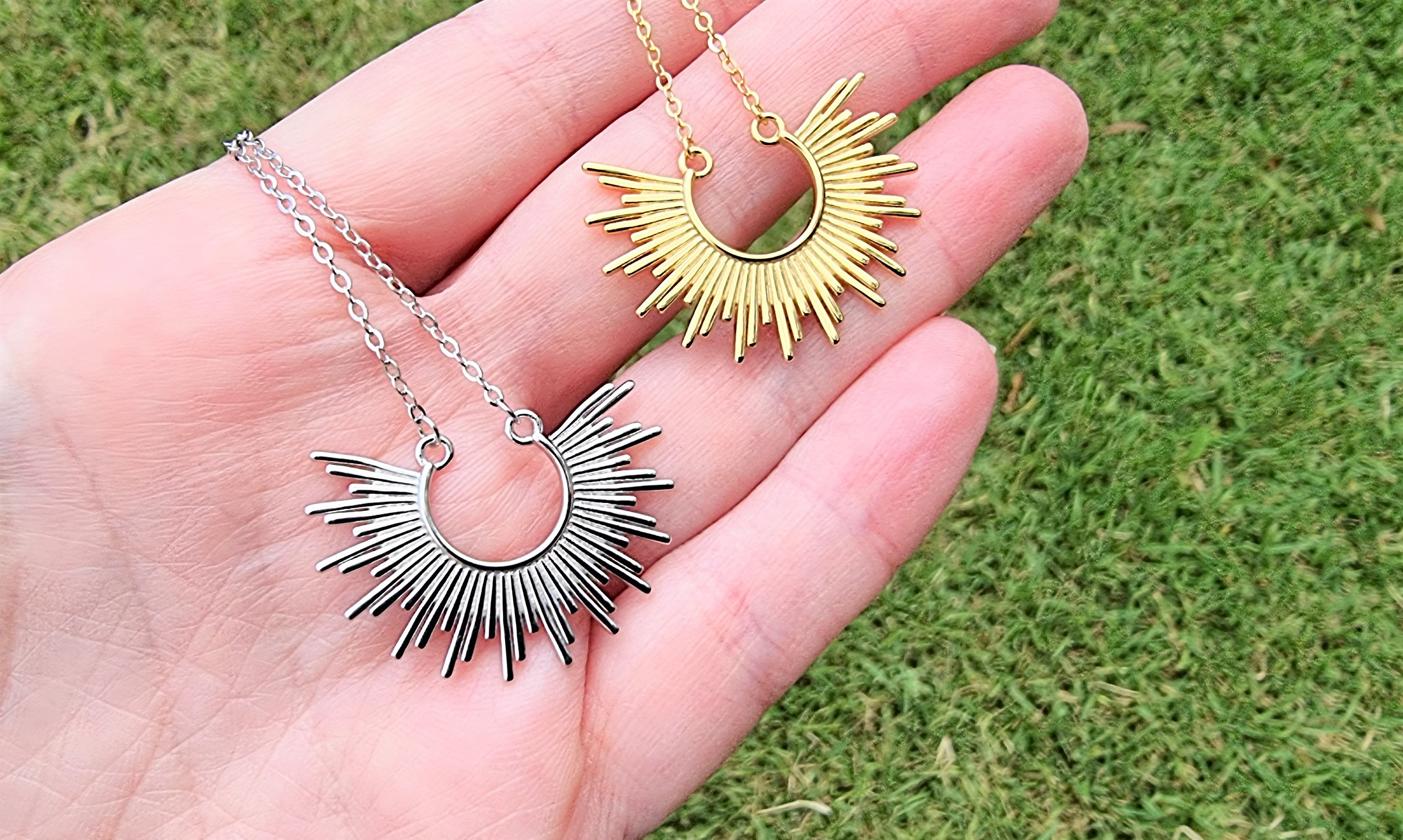 Sunburst Necklace, Silver 925, Sunrise Gold Necklace, Sun
