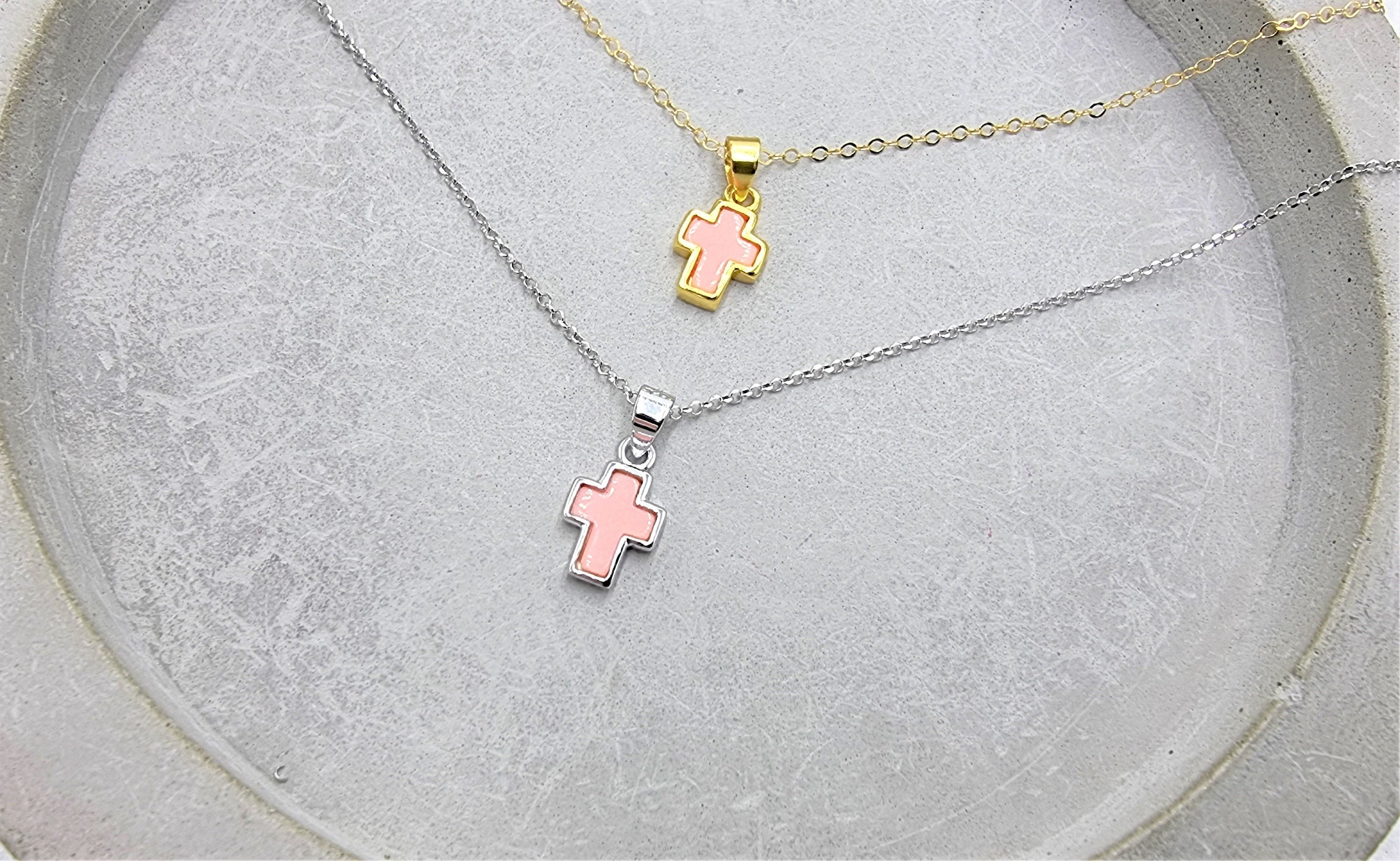 PINK cross necklace 14k gold filled chain vermeil gold Etsy