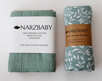 Muslin Burp Cloth and  Bamboo Swaddle Bundle |Baby Swaddle | Gift 47" x 47"|Burp Cloth 60cmx60cm|Wash Cloth |Swaddle|