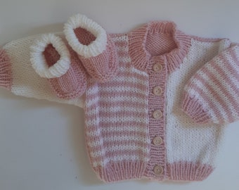 Handknitted baby cardigan and matching booties - Size 0- 3 months