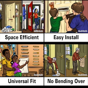 May include: A graphic illustration of four different ways to use a wall-mounted mailbox. The first image shows a person opening the mailbox from the inside of a house. The second image shows a person installing the mailbox on a wall. The third image shows a variety of mailbox styles. The fourth image shows a person retrieving mail from the mailbox without bending over.