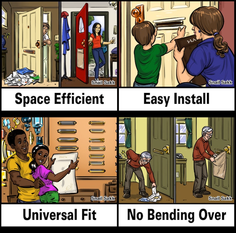 May include: A graphic illustration of four different ways to use a wall-mounted mailbox. The first image shows a person opening the mailbox from the inside of a house. The second image shows a person installing the mailbox on a wall. The third image shows a variety of mailbox styles. The fourth image shows a person retrieving mail from the mailbox without bending over.