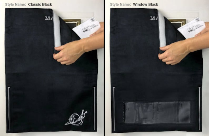May include: Two black mailbox covers with a white snail design. The cover on the left is a classic style, while the cover on the right has a clear window.
