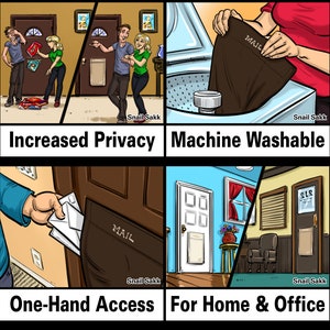 May include: A cartoon illustration of a mail slot with four benefits: increased privacy, machine washable, one-hand access, and for home and office. The illustration shows a person dropping mail into the slot, a person washing the slot in a washing machine, a person opening the slot with one hand, and the slot installed in a home and office setting.