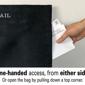 May include: A black fabric mail bag with the word "MAIL" embroidered on the front. The bag is open and a white envelope is being pulled out of the bag.