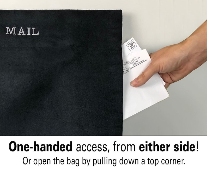 May include: A black fabric mail bag with the word "MAIL" embroidered on the front. The bag is open and a white envelope is being pulled out of the bag.