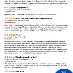 May include: Five star reviews for a mail holder. The product is described as a solution for families with young children and pets, as well as for people with mobility issues. The reviews highlight the product's effectiveness in blocking cold air and keeping mail from falling on the floor.