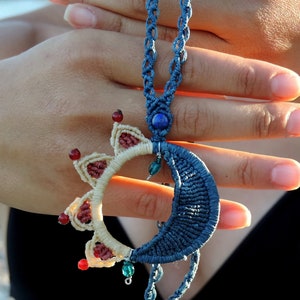 Blue Moon & Sun Macrame Necklace - Celestial Jewelry Summer Woven Necklace Wanderlust Hippie Festival Moonchild Crescent Moon Pendant