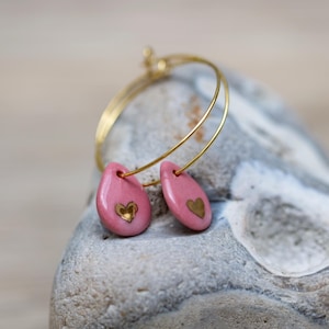 Pink Raspberry Porcelain Earrings | Teardrop with Heart | 24K Gold or Silver Hoops | Handmade Ceramic Jewellery