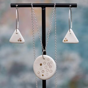 Handmade Porcelain Jewellery Set | Dot Triangle Earrings and Pendant Necklace | Gold Plated or Sterling Silver Hooks or Hoops